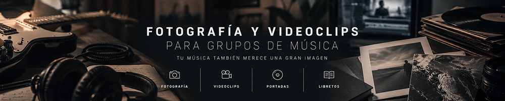 Cabecera de fotografía y videoclips para grupos de música con guitarra, equipo de grabación, fotografías y portadas de discos.